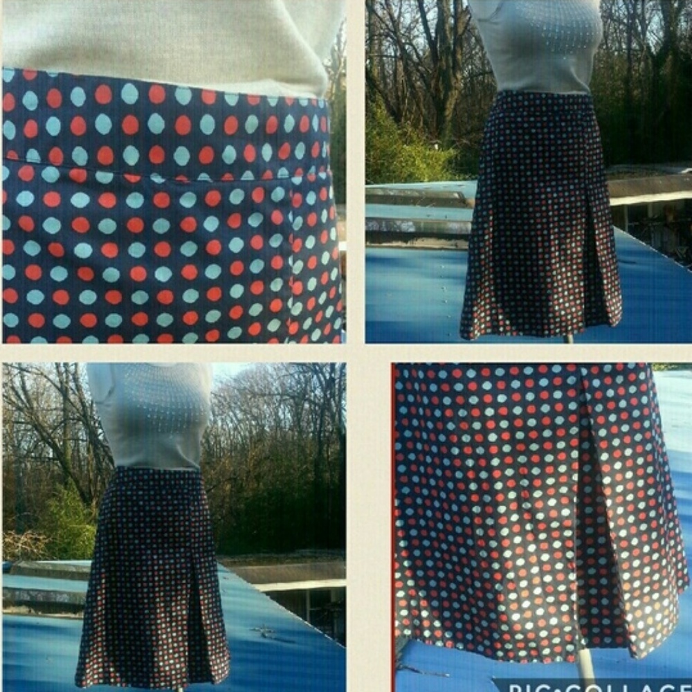 Blue cotton pleated midi skirt orange green polka dots sz 16